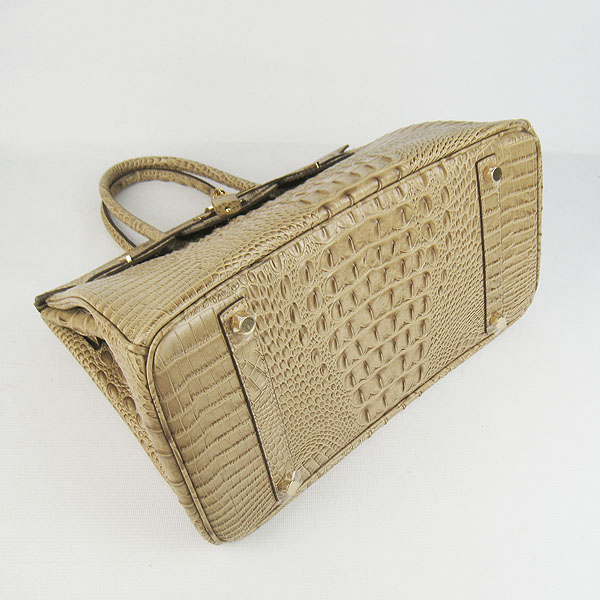 High Quality Fake Hermes Birkin 35CM Crocodile Head Veins Leather Bag Apricot 6089